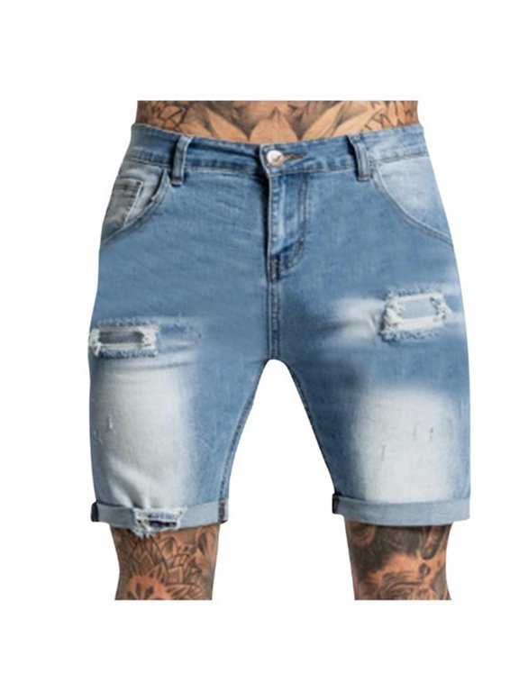 Jean Shorts Men Carpenter Straight Leg Jorts Button Rolled Hem Streetwear Zip Up Ripped Stylish Clothes Blue
