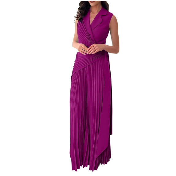 successthop Jumpsuit for Women Dressy Oversized V Neck Collar Sleeveless One Piece Belted Peplum Long Solid Lounge Wear