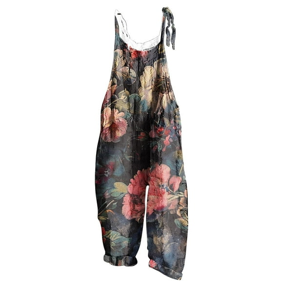 successthop Jumpsuits for Women Casual Loose Sleeveless Overalls Spaghetti Strap Wide Leg Floral One Piece with Pockets
