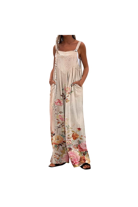 Jumpsuits for Women Oversized Stylish Sleeveless One Piece Button Long Pants Floral Lounge Wear with Pockets