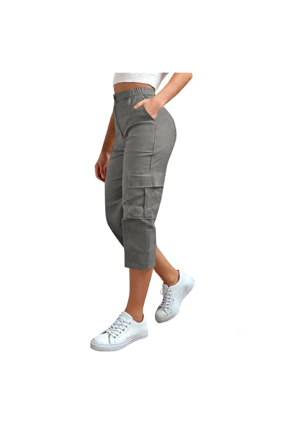 Khaki Cargo Pants for Women Plus Size Straight Leg Pant Button Zip Bottoms Holiday Clothes with Pockets Gray