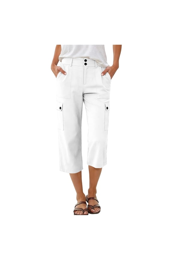 Khaki Cargo Pants for Women Straight Leg Pant Button Zip Bottoms Summer Beach Clothes with Pockets White M