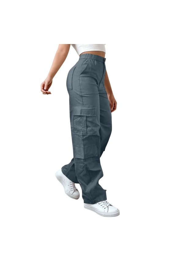 Khaki Cargo Pants for Women Straight Leg Pant Button Zip Bottoms Summer Vacation Clothes with Pockets Navy L