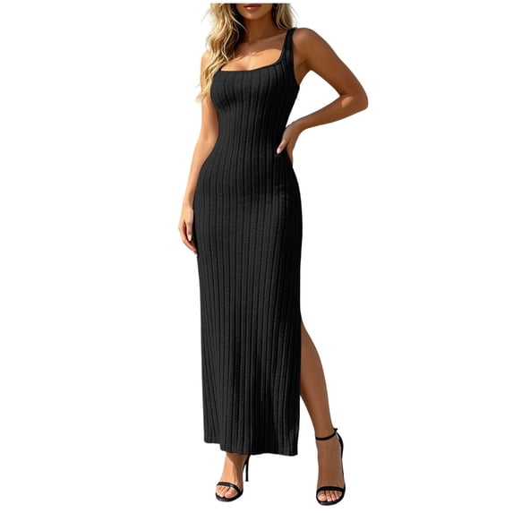 successthop Knit Dresses for Women Sleeveless Spaghetti Straps Backless Maxi Bodycon Dress Cocktail Party Clothes Black