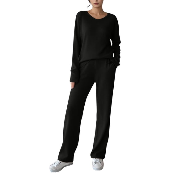 successthop Knit Lounge Sets for Women Ribbed Long Sleeve Crewneck Sweaters and Trousers Solid Two Pieces with Pockets