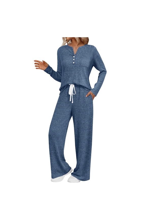 Knit Sets for Women 2 Piece Ribbed V Neck Long Sleeve Sweater and Drawstring Wide Leg Pant Loungewear