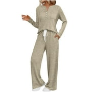 CLOISE successthop Knit Sets for Women 2 Piece Ribbed V Neck Long Sleeve Sweater and Drawstring Wide Leg Pant Loungewear