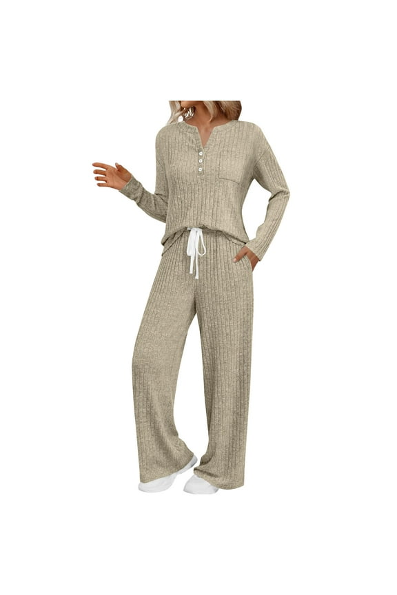 Knit Sets for Women 2 Piece Ribbed V Neck Long Sleeve Sweater and Drawstring Wide Leg Pant Loungewear