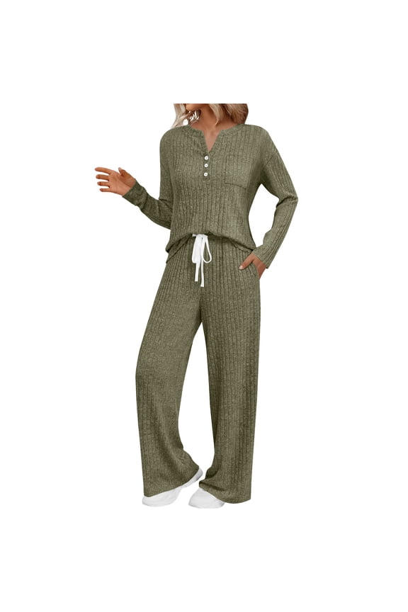 Knit Sets for Women 2 Piece Ribbed V Neck Long Sleeve Sweater and Drawstring Wide Leg Pant Loungewear