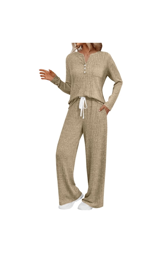 Knit Sets for Women 2 Piece Ribbed V Neck Long Sleeve Sweater and Drawstring Wide Leg Pant Loungewear