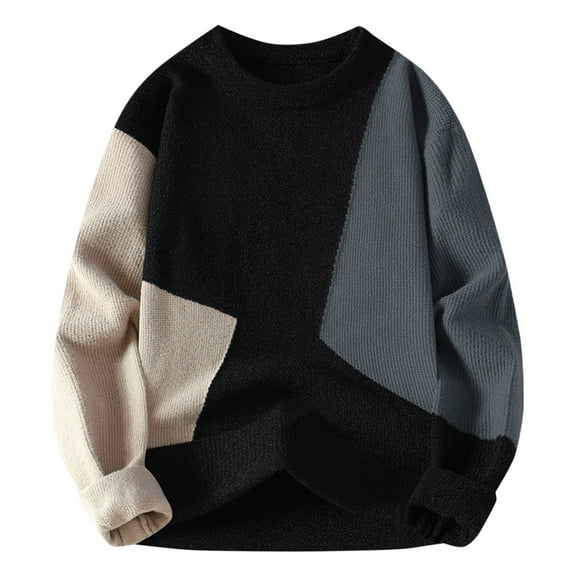 successthop Knit Sweater for Men Plus Size Fleece Long Sleeve Clothes Chunky Crewneck Sweater Color Block Casual Tops M