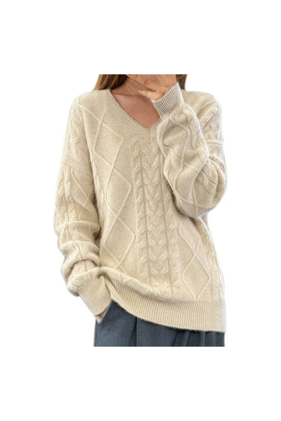 Knit Sweater for Women V Neck Cable Knit Ribbed Long Sleeve Top Outwear Ribbed Cuff Crochet Solid Clothes L
