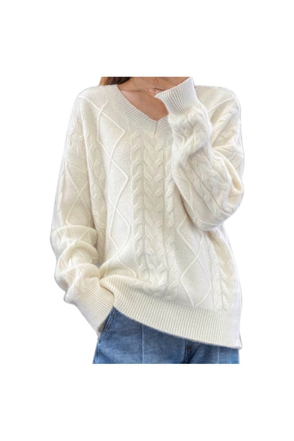 Knit Sweater for Women V Neck Cable Knit Ribbed Long Sleeve Top Outwear Ribbed Cuff Crochet Solid Clothes S