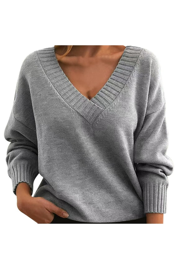 Knit Sweater for Women V Neck Long Sleeve Tops Oversized Stylish Pullover Knitwear Ribbed Cuff Solid Clothes