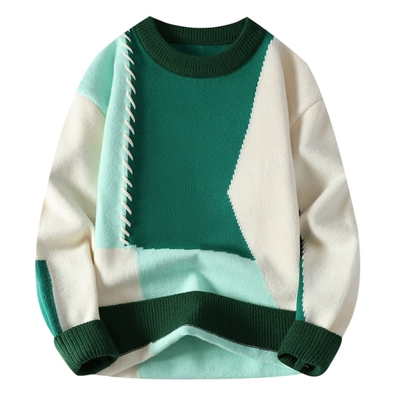 successthop Knit Sweaters for Men Fake Two Piece Plus Size Fleece Long Sleeve Knitwear Chunky Crewneck Color Block Tops