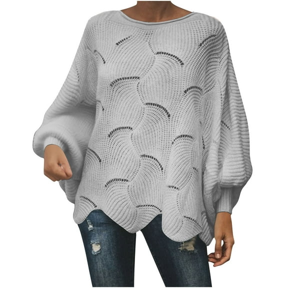 successthop Knitted Sweater Women Plus Size Long Sleeve Tops Crewneck Pullover Outwear Ribbed Cuff Solid Clothes Gray