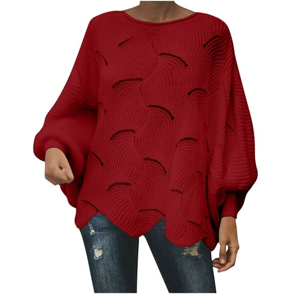 successthop Knitted Sweater Women Plus Size Long Sleeve Tops Crewneck Pullover Outwear Ribbed Cuff Solid Clothes Red 4XL