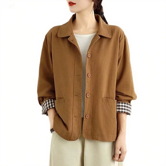 successthop Lightweight Jackets for Women Plus Size Long Sleeve Jacket Button Up Coat Collared Outwear with Pockets M
