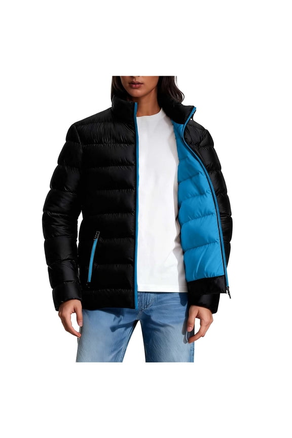Lightweight Puffer Jacket Womens Quilted Plus Size Coat with Pockets Zip Long Sleeve Outwear Winter Clothes Blue