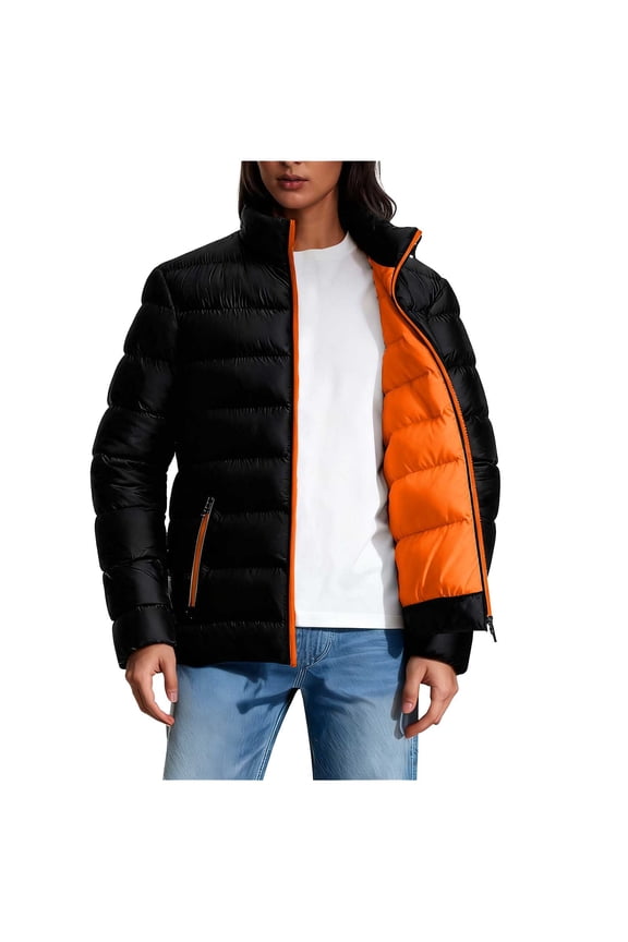 Lightweight Puffer Jacket Womens Quilted Plus Size Coat with Pockets Zip Long Sleeve Outwear Winter Clothes Orange