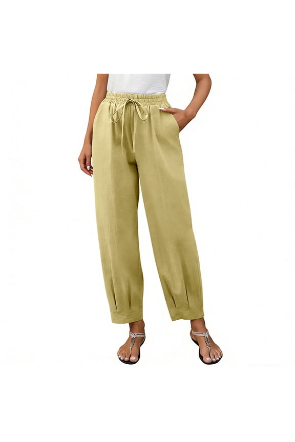 Lined Pants for Women Oversized Slacks Drawstring Pleated Trousers Plus Size Beach Clothes with Pockets 3XL