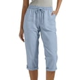 thumbnail image 1 of successthop Linen Capri Pants Women Cropped Pants Drawstring Elastic Waist Bottoms Rolled Hem Clothes with Pockets Blue, 1 of 6