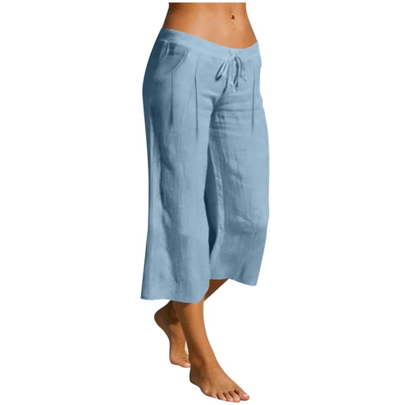 successthop Linen Capris Women Oversized Cropped Pant Drawstring Flowy Boho Slacks Pleated Beach Bottoms with Pockets XL