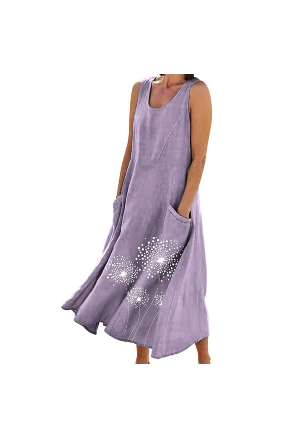Linen Dresses for Women Plus Size Floral Sleeveless Ankle Length Clothes Ladies Flowy Crewneck Dress Purple