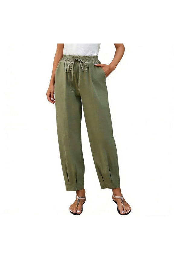 Linen Pants Women Oversized Slacks Drawstring Cuffed Hem Trousers Plus Size Holiday Clothes with Pockets 2XL