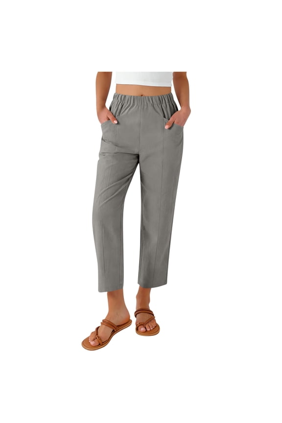 Linen Pants for Women Cropped Tapered Trousers with Pockets Elastic Waist Bottoms Solid Ladies Summer Slacks