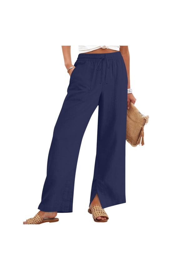 Linen Pants for Women Oversized Slacks Drawstring Slit Hem Trousers Plus Size Vacation Clothes with Pockets