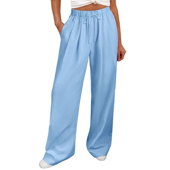 successthop Linen Wide Leg Pants Women Straight Leg Slacks Drawstring Trousers Loose Causal Clothes with Pockets Blue XL