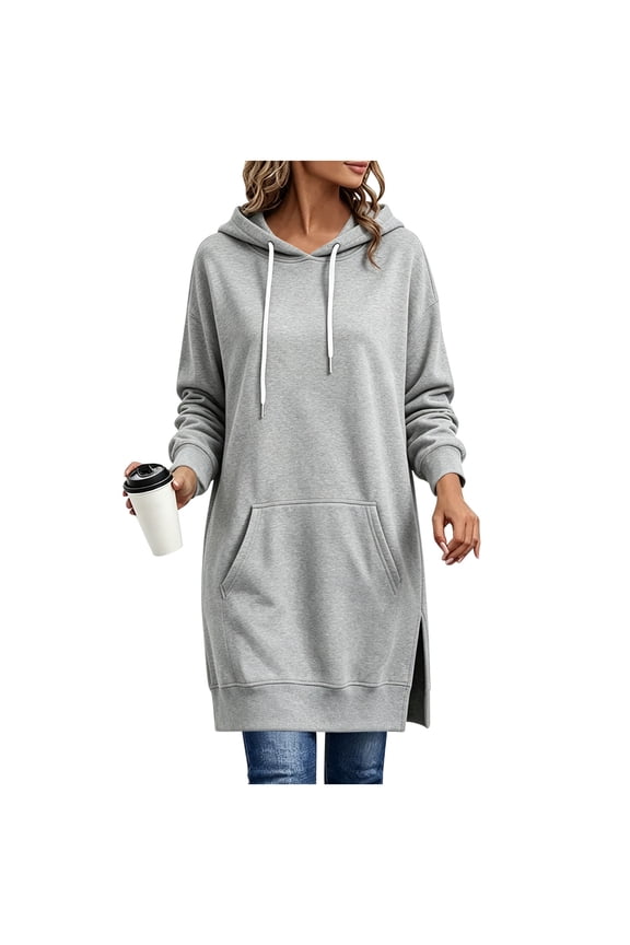 Long Hoodies for Women Long Sleeve Hooded Sweatshirt Drawstring Side Split Top Solid Streetwear with Pockets