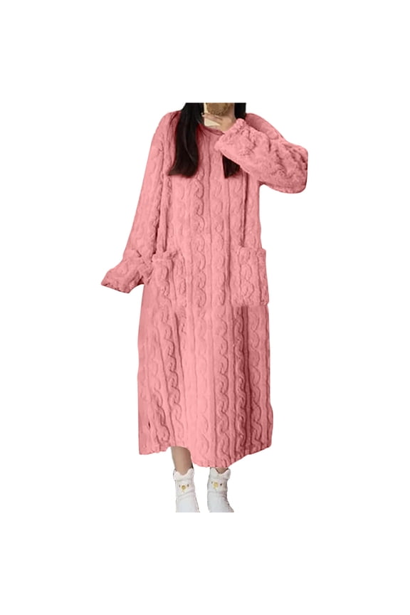Long Nightgown with Pockets Flannel Loose Sleepwear Fuzzy Warm Pullover Housecoat Solid Ladies Loungewear M
