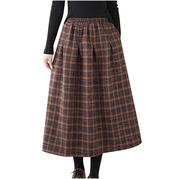 successthop Long Plaid Skirts for Women Elastic Waist High Waist Midi Skirt Ladies A Line Business Fall Clothes Red 2XL