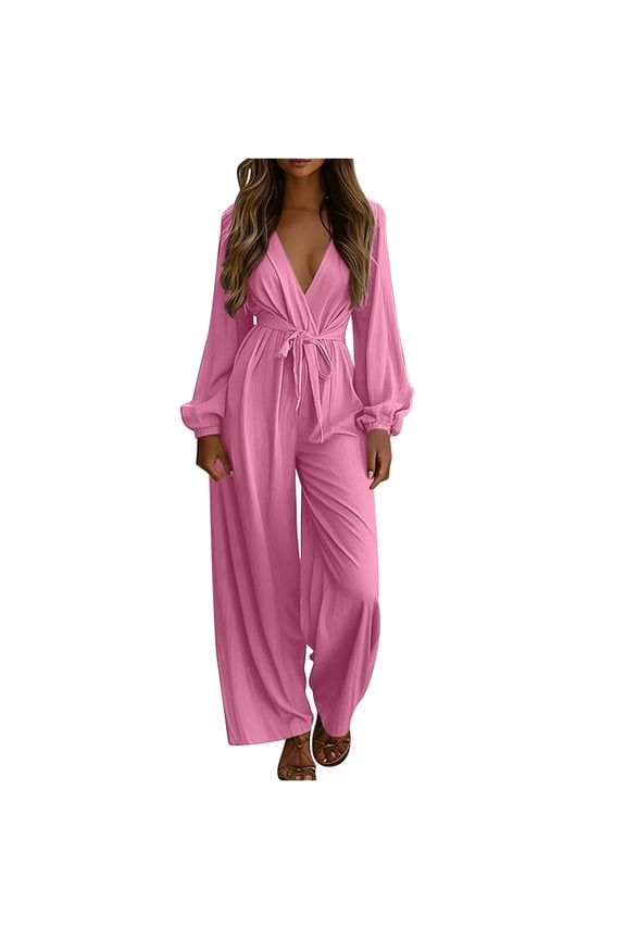 Long Sleeve Jumpsuits for Women Dressy Oversized Vacation V Neck Wide Leg Pant Lounge Wear Solid Boho Pants