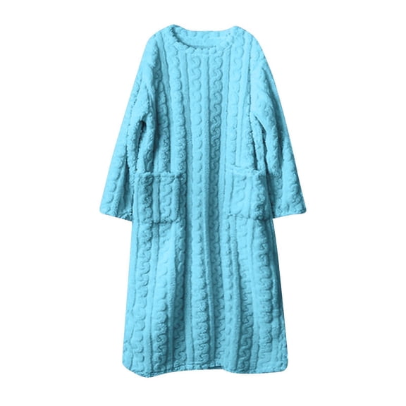 successthop Long Sleeve Nightgown with Pockets Jacquard Fleece Loose Housecoat Fuzzy Sleepwear Solid Ladies Loungewear
