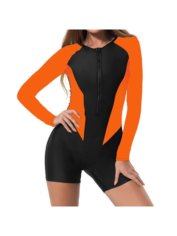 One Piece Romper Swimsuits for Women Sun Protection Bathing Suit Half Zip Surfing Long Sleeve Swimwear 2XL