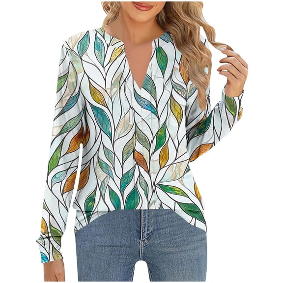 successthop Long Sleeve T Shirts for Women Casual Oversized V Neck Trendy Outfits Lightweight Blouse Leaf Shirts M