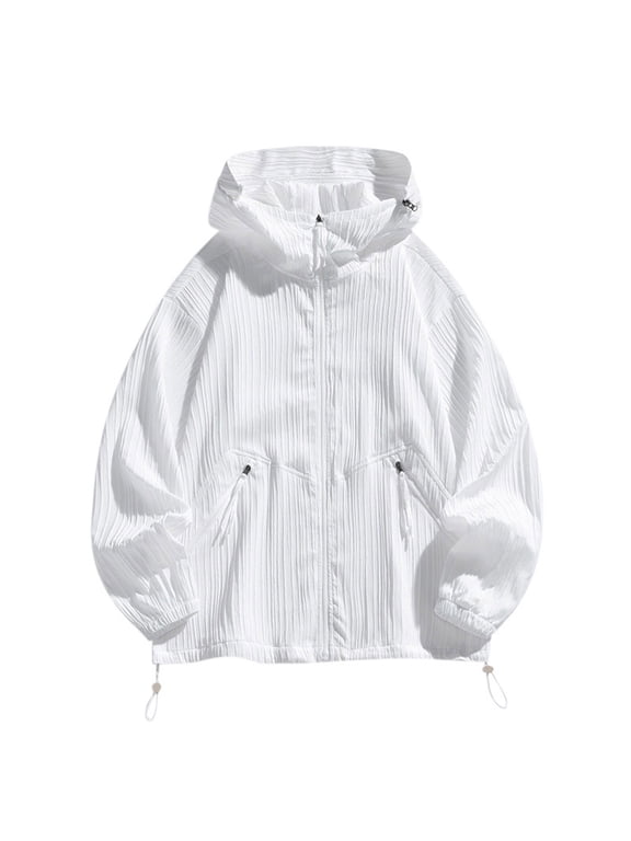 Long Sleeve UV Protection Shirts Men Hooded Solid Jacket for Outdoor Driving Traveling Hiking Fishing White S