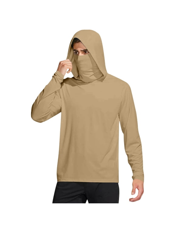Long Sleeve UV Protection Shirts Men with Face Cover Hooded Solid Jacket for Outdoor Driving Traveling Hiking Fishing Brown S