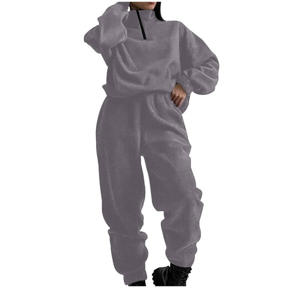 successthop Lounge Set 2 Piece Outfits Women Fleece Long Sleeve Quarter Zip Sweatshirt and Elastic Joggers Solid Clothes