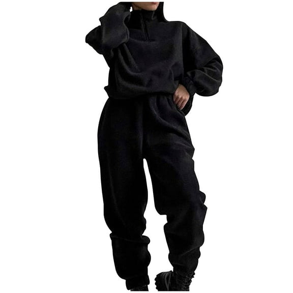 successthop Lounge Set 2 Piece Outfits Women Fleece Long Sleeve Quarter Zip Sweatshirt and Elastic Joggers Solid Clothes
