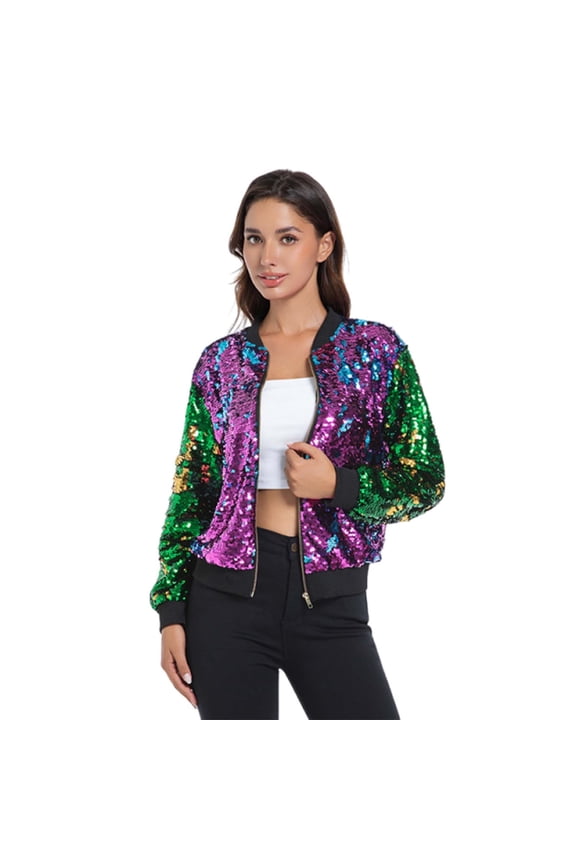 Mardi Gras Jackets for Women Party Sequin Oversized Coat with Pockets Zip Long Sleeve Sparkly Outwear Purple