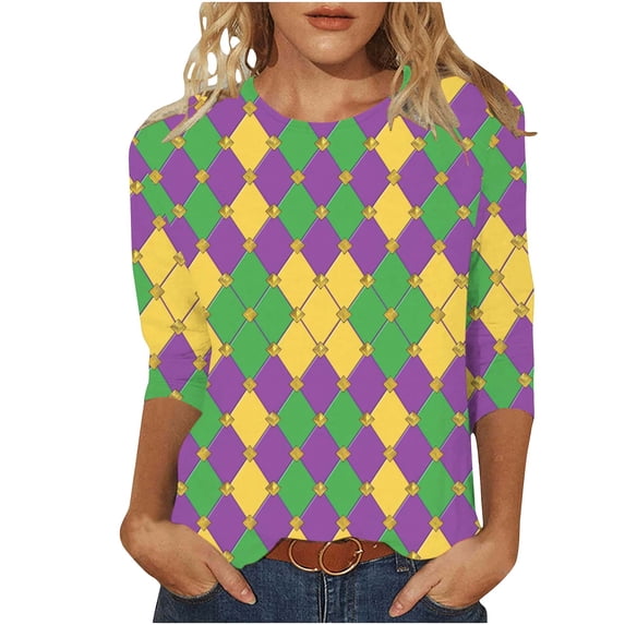 successthop Mardi Gras Plus Size Outfits Grids Oversized Crewneck Tops Lightweight 3/4 Sleeve Outfits Festival Shirts L