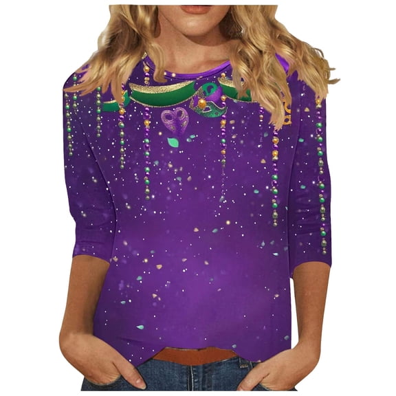 successthop Mardi Gras Shirts Women Plus Size Casual Oversized Crewneck Outfits 3/4 Sleeve Shirts Lightweight Tops 3XL