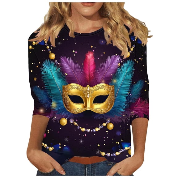successthop Mardi Gras Shirts Women Plus Size Mask Print Casual Oversized Crewneck Outfits 3/4 Sleeve Top Print Shirt S