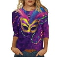 thumbnail image 1 of successthop Mardi Gras Shirts Women Plus Size Mask Print Casual Oversized Crewneck Top 3/4 Sleeve Shirt Print Outfits, 1 of 5