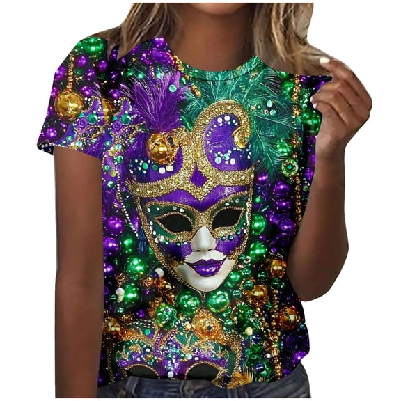 successthop Mardi Gras T Shirt Go Women Mask Print Casual Oversized Crewneck Outfits Short Sleeve Shirt Plus Size Top XL