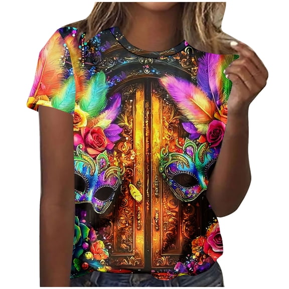 successthop Mardi Gras T Shirt Go Women Mask Print Casual Oversized Crewneck Outfits Short Sleeve Shirt Plus Size Top XL